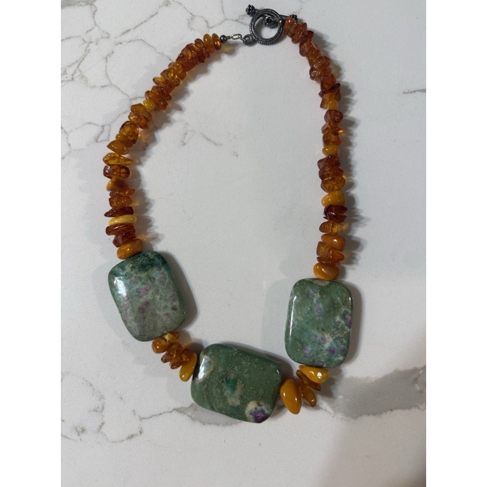 Baltic Amber Chip & Green Ruby Zoisite Statement Necklace – Silver Clasp 18"